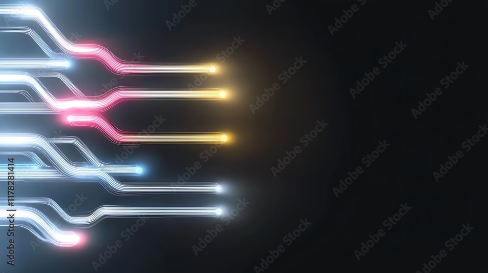 Poster abstract glowing lines forming a circuit-like pattern on a dark background, ideal for technology or 