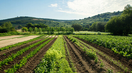 A serene landscape of intercropped fields, where rows of diverse plants coexist harmoniously, reflecting the principles of biodiversity in biodynamic agriculture. 