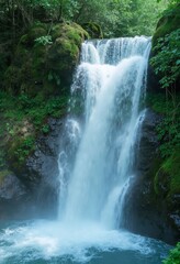 Cascading waterfall over mossy rocks with surrounding green foliage