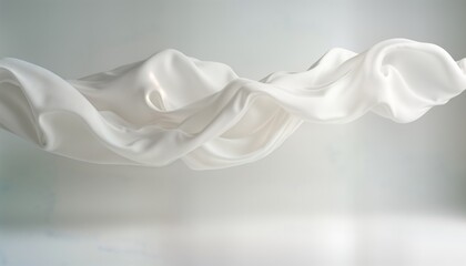 Pure white fabric flows gracefully in soft wave against bright backdrop. Elegant, airy textile curves delicately. Design suggests movement, lightness. Textile piece perfect for clothing, texture.