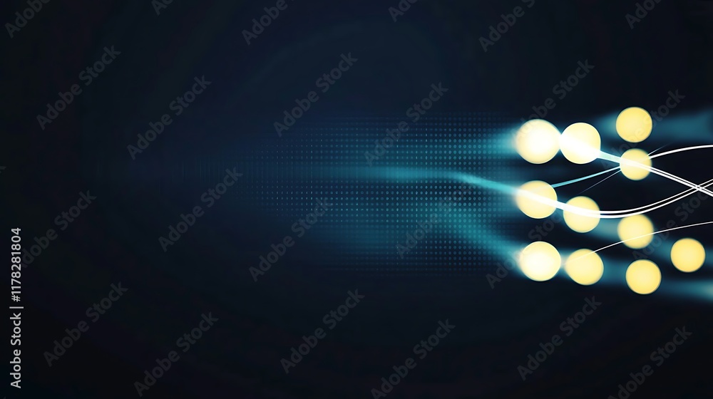 Poster abstract glowing network nodes and lines on dark background.