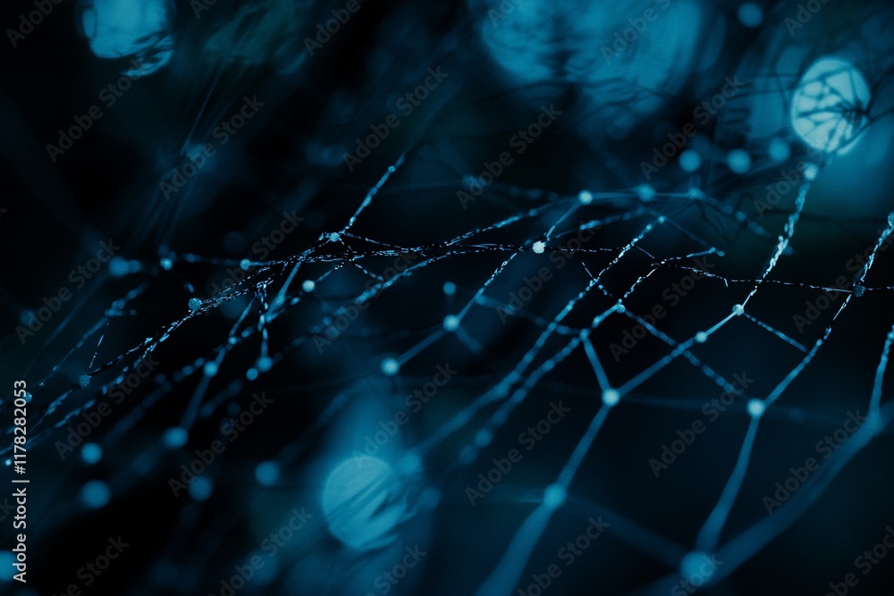 Aufkleber close-up of a spiderweb at night, illuminated by bokeh lights, showcasing intricate details and a da