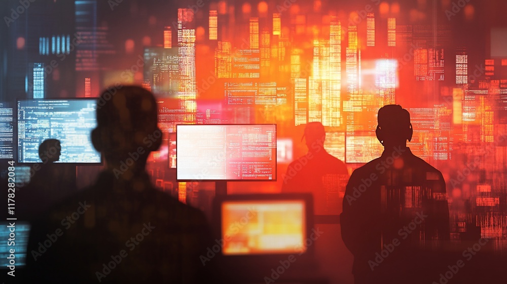 Aufkleber Silhouetted figures working late at night in a data center, surrounded by glowing computer screens displaying complex code and data streams.