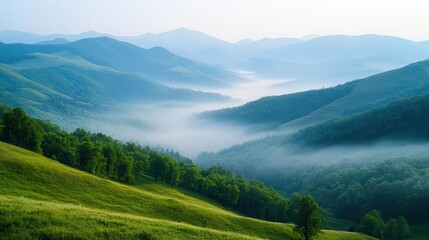 Obraz premium Morning mist over green mountains, capturing the essence of fresh air and tranquility Wellness, Vitality, mountains, peace