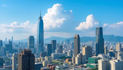 Fototapeta premium Cityscape view with skyscrapers and puffy clouds