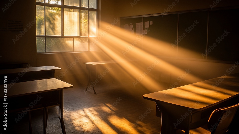 Poster sunlight streams through a classroom window, illuminating dust motes in the air and desks.