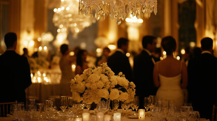 Elegant black tie event in a large ballroom, guests in formal attire