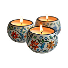 Hand-Painted Ceramic Base Candles with Colorful Flowers Isolated on Transparent Background