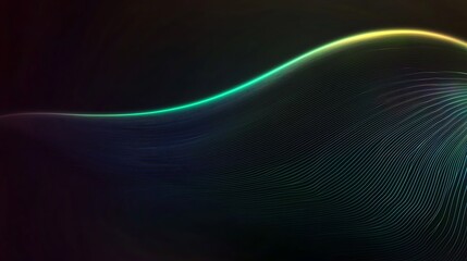 Abstract glowing wave with vibrant teal and yellow hues on dark background.