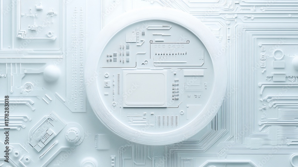 Poster Abstract white circuit board with central processor.