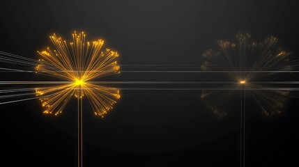 Abstract golden glowing dandelion-like forms on dark background.