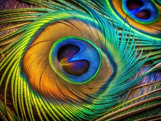 Obraz premium Aerial Peacock Feather Design, Intricate Swirls, Colorful Patterns, High-Resolution Photo