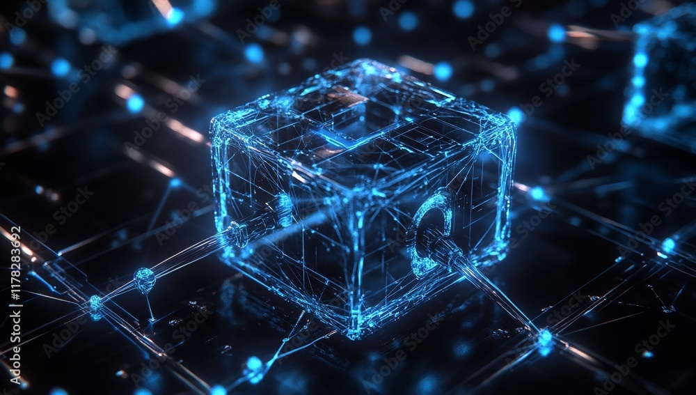 Aufkleber glowing blue digital cube connected to network.