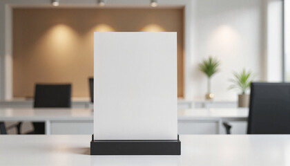Minimalist flyer display in a modern office environment, professional branding