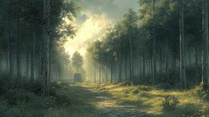 Obraz premium Sunlit Path Through an Enchanting, Misty Forest