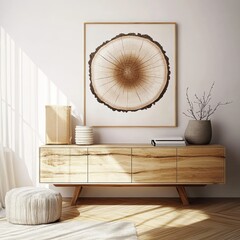 modern interior design, minimalist wooden sideboard, rustic furniture, large circular abstract art print, earth tones, wall decor, natural wood grain, mid-century modern style, neutral color palette, 