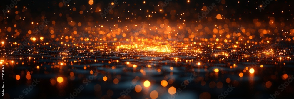 Poster abstract dark background with glowing orange particles and bokeh lights