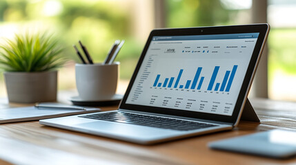 A lone digital tablet displaying a graph in a sleek minimalist workspace with blurred chaos in the background, emphasizing clarity, simplicity, and data analysis in a modern environment

