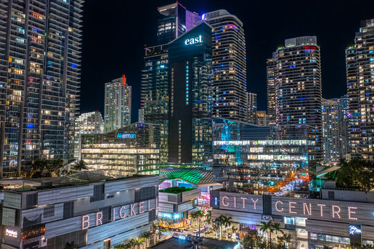 Brickell City Centre , Miami, Florida USA - 1/06/2025: 

Aerial nighttime shot of Brickell City Centre and the East Miami Hotel. The heart of downtown Miami. 