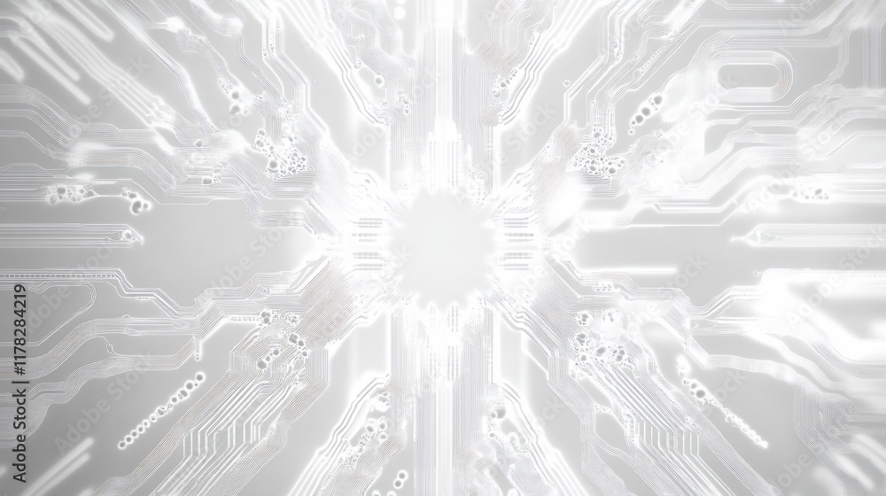 Poster abstract white circuit board design, glowing lines radiating from center.