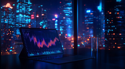 A lone digital tablet displaying a graph in a sleek minimalist workspace with blurred chaos in the background, emphasizing clarity, simplicity, and data analysis in a modern environment


