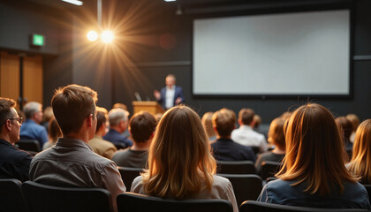 Engaging presenter speaking at podium in urban auditorium, inspiration