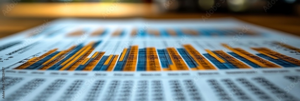 Poster detailed financial report with bar charts and numerical data