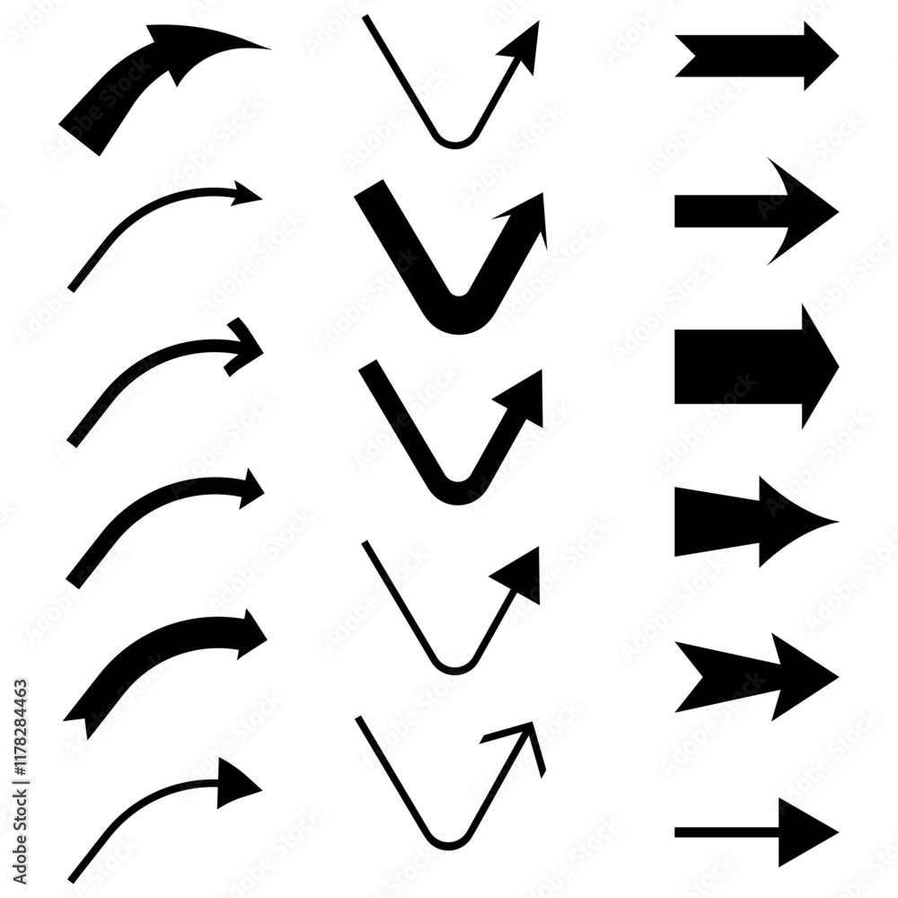 Aufkleber arrow variations set. curved and straight forms. geometric path styles. minimal vector graphic.