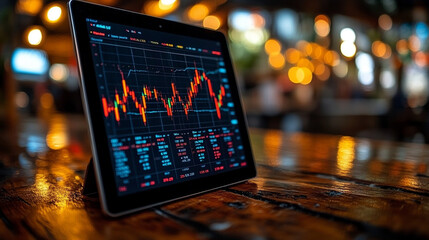 A lone digital tablet displaying a graph in a sleek minimalist workspace with blurred chaos in the background, emphasizing clarity, simplicity, and data analysis in a modern environment

