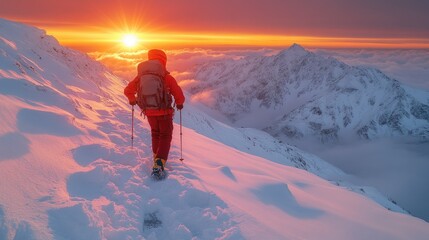 Hiker trekking snowy mountain at sunrise with scenic valley view