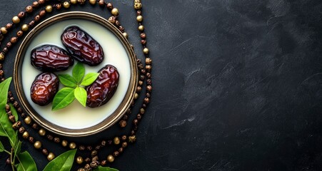 Fototapeta premium Photo of a bowl with dates, milk, and green leaves on top, surrounded by rosary beads on a dark background for a Ramadan concept. Top view, flat lay with copy space. High quality