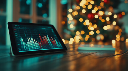 A lone digital tablet displaying a graph in a sleek minimalist workspace with blurred chaos in the background, emphasizing clarity, simplicity, and data analysis in a modern environment

