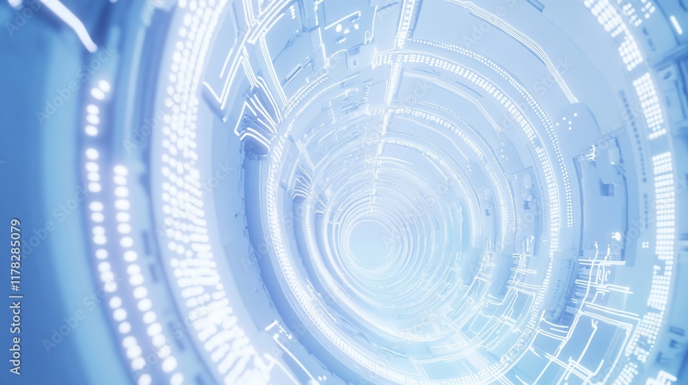 Poster Abstract futuristic tunnel with glowing lines and circular patterns.