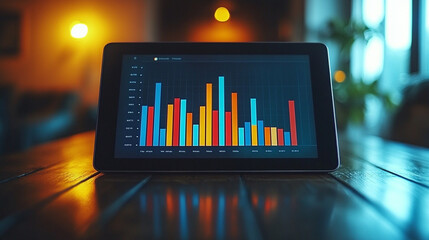 A lone digital tablet displaying a graph in a sleek minimalist workspace with blurred chaos in the background, emphasizing clarity, simplicity, and data analysis in a modern environment

