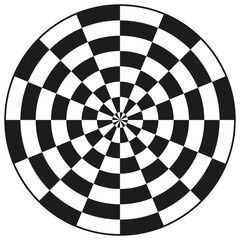 Chessboard target design. Black white circle. Abstract checkered pattern. Geometric dartboard symbol.