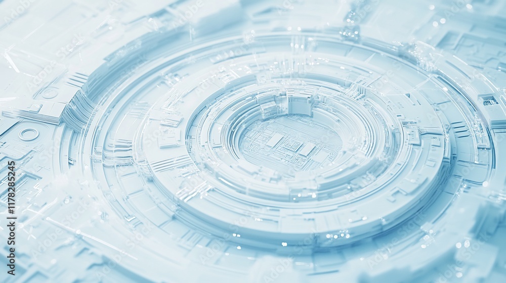 Fototapete Abstract 3D rendering of a futuristic, circular technological design with concentric rings and intricate details in light blue tones.
