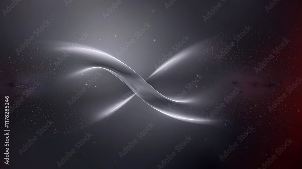 Poster abstract infinity symbol glowing in dark space with subtle particles.