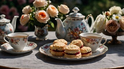Traditional English Tea Set With A Floral Teapot, Matching Cups, And A Tiered Tray Of Scones And Biscuits