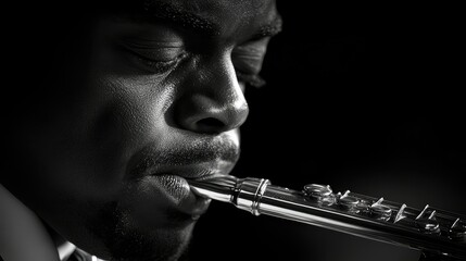 Musician playing flute with closed eyes on dark stage, close-up for music themes