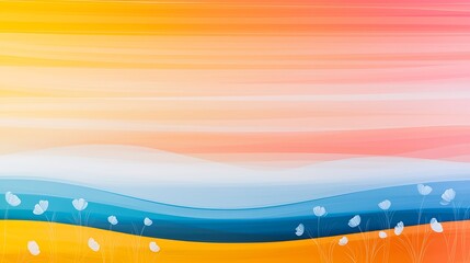 Abstract landscape painting with pastel color gradient and stylized flowers.