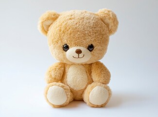 Obraz premium Photo of a cute teddy bear sitting on a white background, facing the camera. 