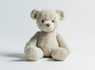 Obraz premium Photo of a cute teddy bear sitting on a white background, facing the camera. 