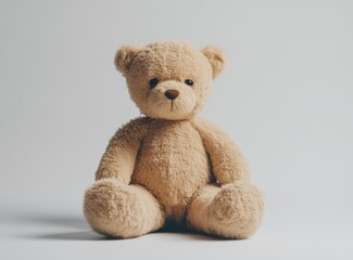 Obraz premium Photo of a cute teddy bear sitting on a white background, facing the camera. 