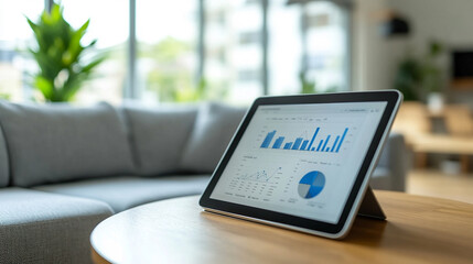 A lone digital tablet displaying a graph in a sleek minimalist workspace with blurred chaos in the background, emphasizing clarity, simplicity, and data analysis in a modern environment

