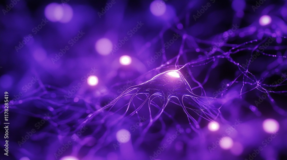Poster Microscopic view of a neuron with glowing synapses.