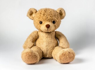 Photo of a cute teddy bear sitting on a white background, facing the camera. 