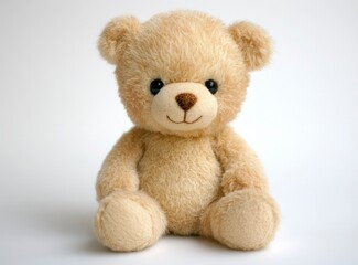 Obraz premium Photo of a cute teddy bear sitting on a white background, facing the camera. 