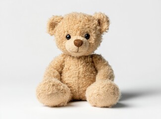 Fototapeta premium Photo of a cute teddy bear sitting on a white background, facing the camera. 