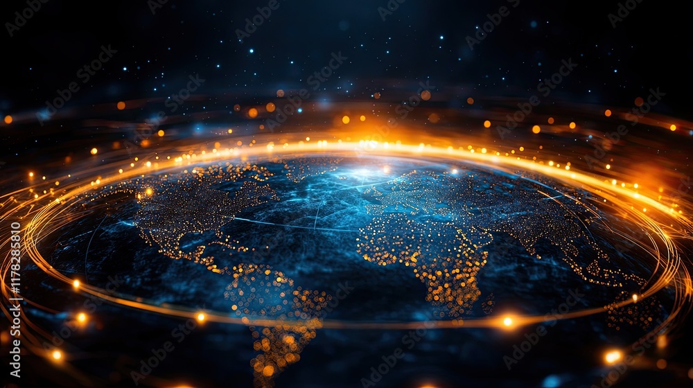 Poster visual representation of a glowing planet surrounded by bright digital lines in a dark space environ