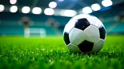 Naklejka premium Close-up of soccer ball on green grass, at the indoor stadium. Soccer field with lawn. Illustration with copy space
